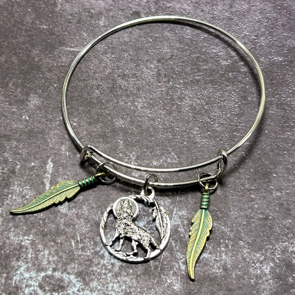 Handmade Bangle Bracelet with Wolf Pendant & Feather Charms